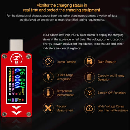 TC64 สี Ccreen PD การตรวจจับการชาร์จอย่างรวดเร็ว Type-C เครื่องทดสอบมิเตอร์กระแสแรงดันไฟฟ้า
