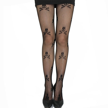 ถุงน่องยืดพิมพ์ลายกะโหลกศีรษะ Fishnet เซ็กซี่