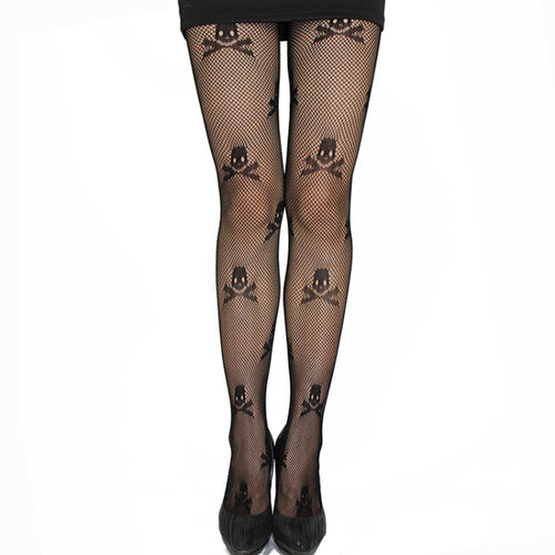 ถุงน่องยืดพิมพ์ลายกะโหลกศีรษะ Fishnet เซ็กซี่