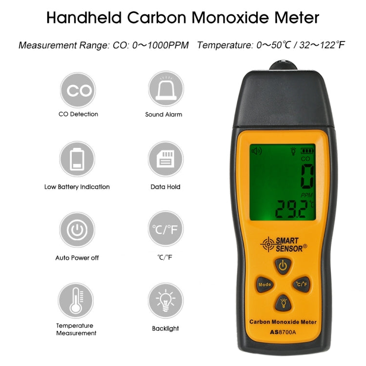 Smart Sensor AS8700A เครื่องวัดก๊าซคาร์บอนมอนอกไซด์แบบใช้มือถือความแม่นยำสูงเครื่องวิเคราะห์เครื่องตรวจจับการรั่วไหลของ CO แบบดิจิตอล, เสียงพร้อมไฟเตือน, ช่วง: 0-1000ppm