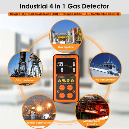 ST8900 4 in 1 ก๊าซพิษ CO เครื่องตรวจจับคาร์บอนมอนอกไซด์ไฮโดรเจนซัลไฟด์ H2S ออกซิเจนก๊าซที่ติดไฟได้ทดสอบจอแสดงผล LCD Monitor, แสงเสียงสัญญาณเตือนการสั่นสะเทือน