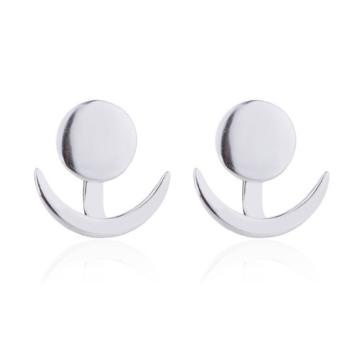 อินเทรนด์ Crescent Moon น่ารักหูแจ็คเก็ตเรขาคณิตต่างหูสตั๊ดกลมสำหรับผู้หญิง, Silver