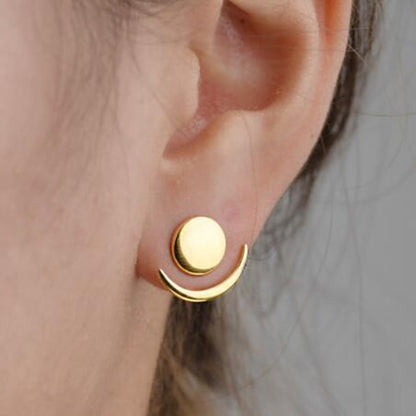 อินเทรนด์ Crescent Moon น่ารักหูแจ็คเก็ตเรขาคณิตต่างหูสตั๊ดกลมสำหรับผู้หญิง, Silver