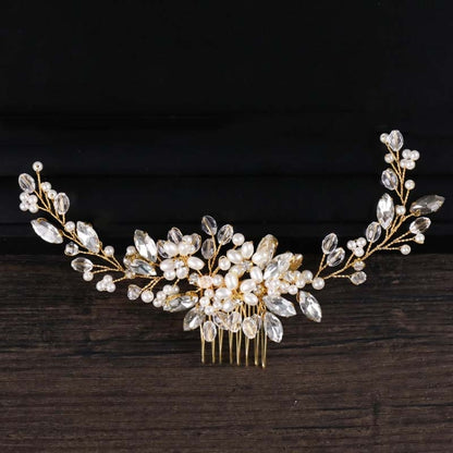Golden Pearl แถบคาดศีรษะ Tiaras คริสตัล Rhinestone เจ้าสาวหวีผม Headpiece, Golden Pearl