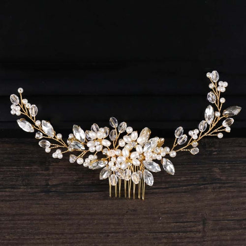 Golden Pearl แถบคาดศีรษะ Tiaras คริสตัล Rhinestone เจ้าสาวหวีผม Headpiece, Golden Pearl