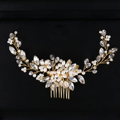 Golden Pearl แถบคาดศีรษะ Tiaras คริสตัล Rhinestone เจ้าสาวหวีผม Headpiece, Golden Pearl