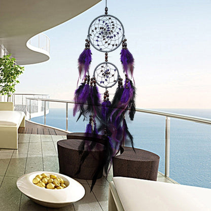 สร้างสรรค์งานทอผ้าขนนกสีม่วงลูกปัดฝันจับเครื่องประดับแขวนผนัง, Purple Feather  Beads Dream Catcher