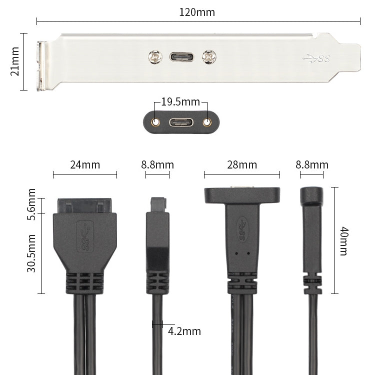 50 ซม. USB3.0 20P ถึง USB Type-C แม่แชสซี PCI Bit Baffle Wire