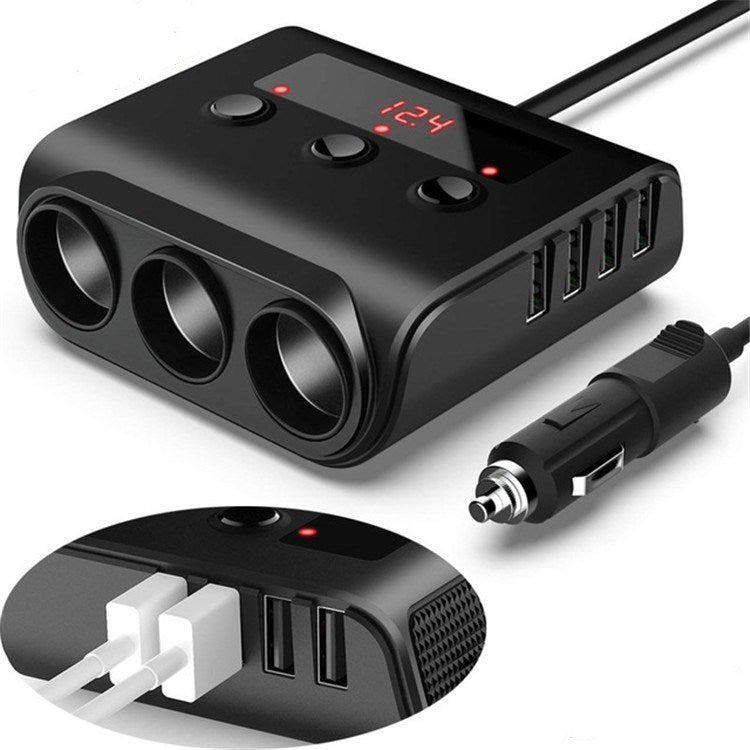 TR12 100W รถบุหรี่ไฟแช็กหนึ่งลากสามพร้อมสวิตช์จอแสดงผลแรงดันไฟฟ้า 4USB รถบุหรี่ไฟแช็ก, TR12 (Black), TR12