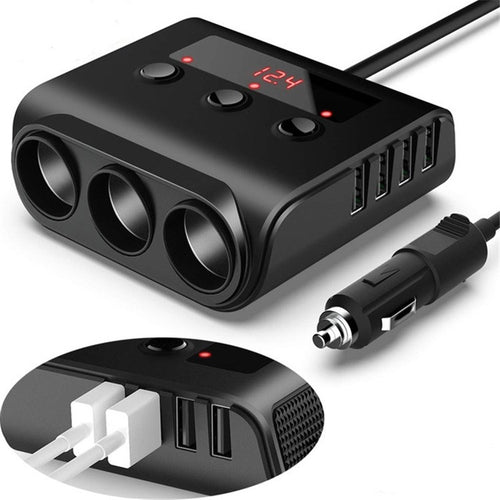 TR12 100W รถบุหรี่ไฟแช็กหนึ่งลากสามพร้อมสวิตช์จอแสดงผลแรงดันไฟฟ้า 4USB รถบุหรี่ไฟแช็ก, TR12 (Black), TR12
