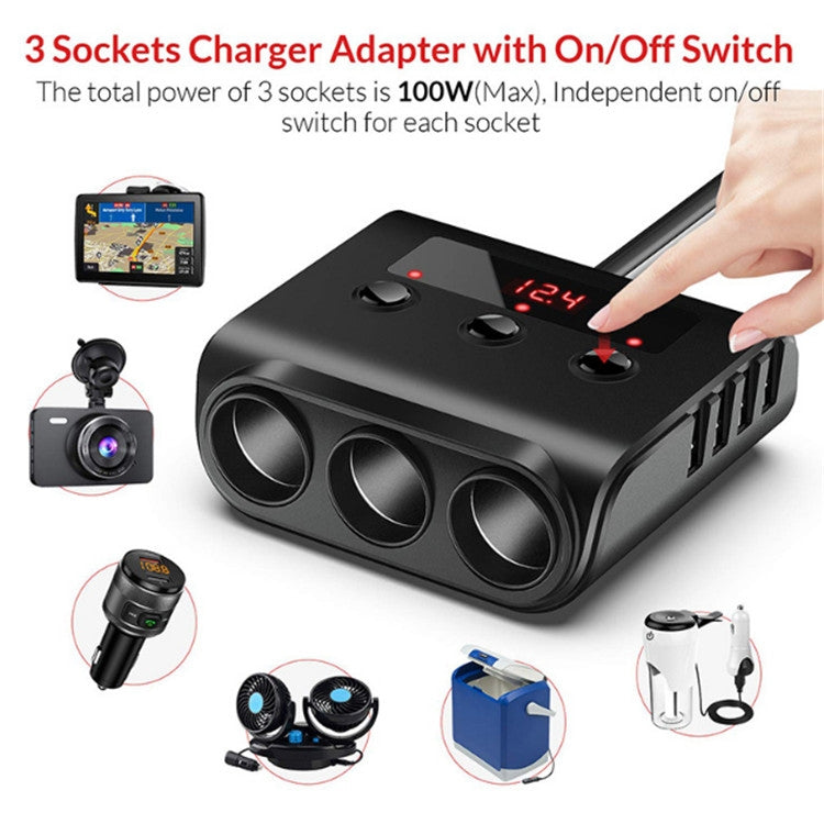 TR12 100W รถบุหรี่ไฟแช็กหนึ่งลากสามพร้อมสวิตช์จอแสดงผลแรงดันไฟฟ้า 4USB รถบุหรี่ไฟแช็ก, TR12 (Black), TR12