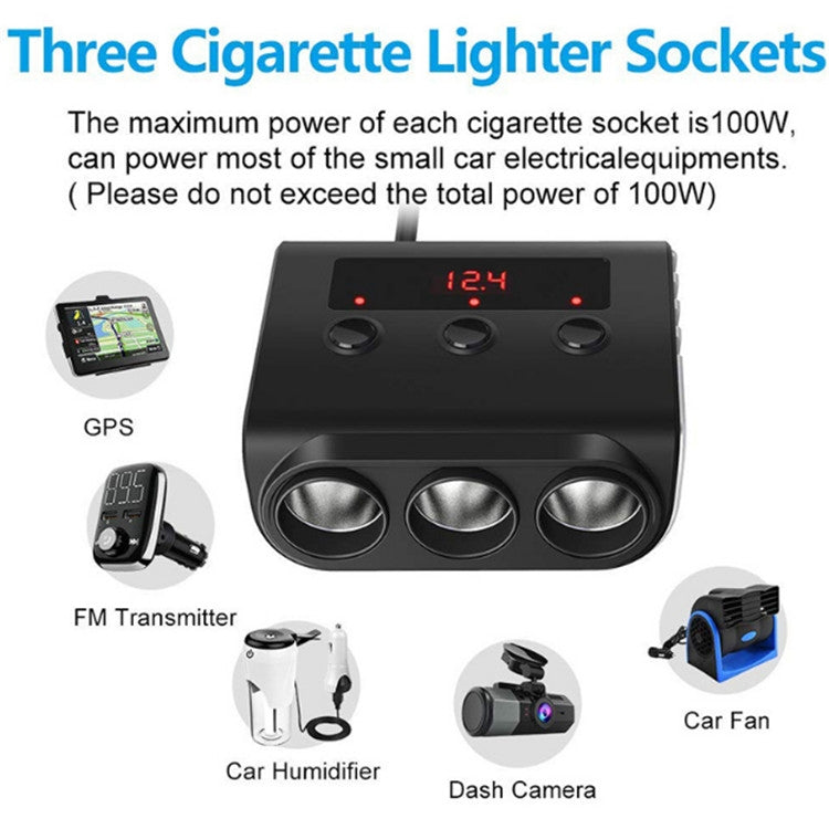 TR12 100W รถบุหรี่ไฟแช็กหนึ่งลากสามพร้อมสวิตช์จอแสดงผลแรงดันไฟฟ้า 4USB รถบุหรี่ไฟแช็ก, TR12 (Black), TR12