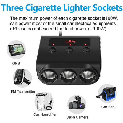 TR12 100W รถบุหรี่ไฟแช็กหนึ่งลากสามพร้อมสวิตช์จอแสดงผลแรงดันไฟฟ้า 4USB รถบุหรี่ไฟแช็ก, TR12 (Black), TR12