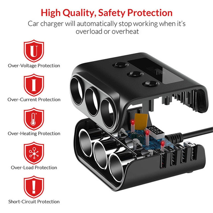 TR12 100W รถบุหรี่ไฟแช็กหนึ่งลากสามพร้อมสวิตช์จอแสดงผลแรงดันไฟฟ้า 4USB รถบุหรี่ไฟแช็ก, TR12 (Black), TR12