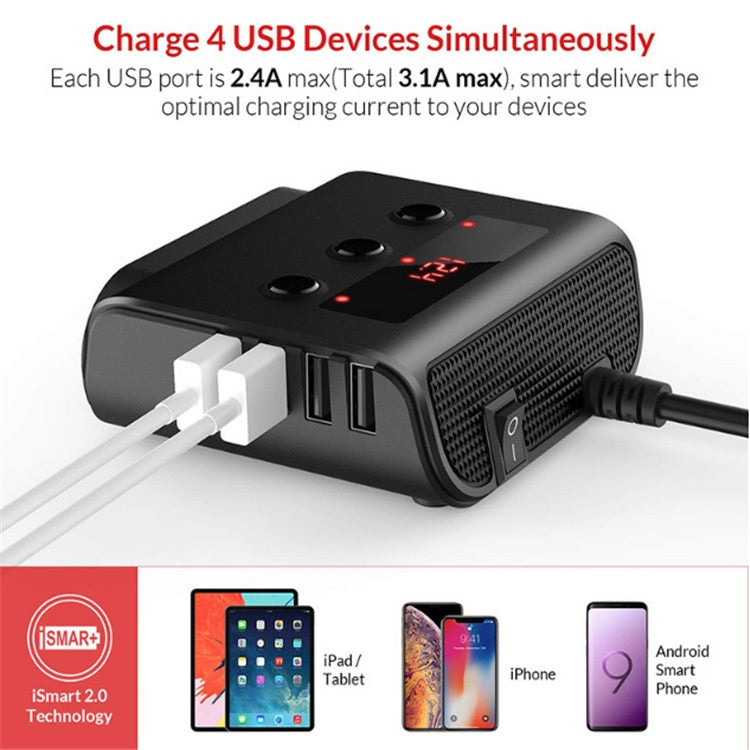TR12 100W รถบุหรี่ไฟแช็กหนึ่งลากสามพร้อมสวิตช์จอแสดงผลแรงดันไฟฟ้า 4USB รถบุหรี่ไฟแช็ก, TR12 (Black), TR12