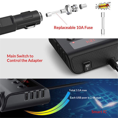 TR12 100W รถบุหรี่ไฟแช็กหนึ่งลากสามพร้อมสวิตช์จอแสดงผลแรงดันไฟฟ้า 4USB รถบุหรี่ไฟแช็ก, TR12 (Black), TR12