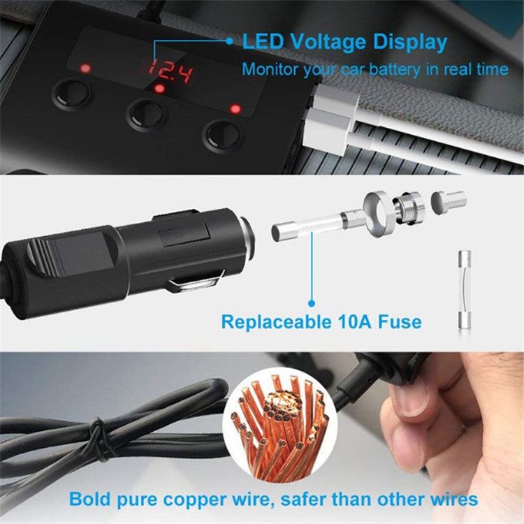 TR12 100W รถบุหรี่ไฟแช็กหนึ่งลากสามพร้อมสวิตช์จอแสดงผลแรงดันไฟฟ้า 4USB รถบุหรี่ไฟแช็ก, TR12 (Black), TR12