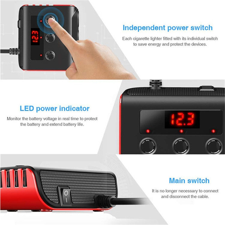 TR12 100W รถบุหรี่ไฟแช็กหนึ่งลากสามพร้อมสวิตช์จอแสดงผลแรงดันไฟฟ้า 4USB รถบุหรี่ไฟแช็ก, TR12 (Black), TR12