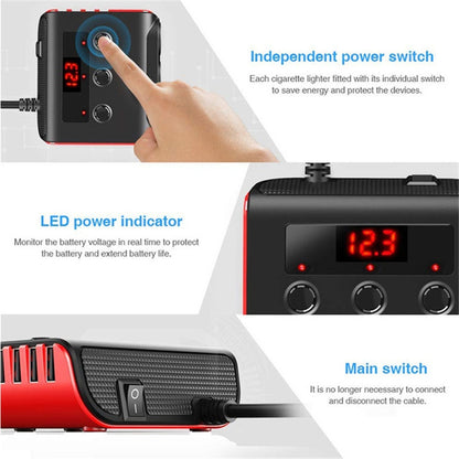 TR12 100W รถบุหรี่ไฟแช็กหนึ่งลากสามพร้อมสวิตช์จอแสดงผลแรงดันไฟฟ้า 4USB รถบุหรี่ไฟแช็ก, TR12 (Black), TR12