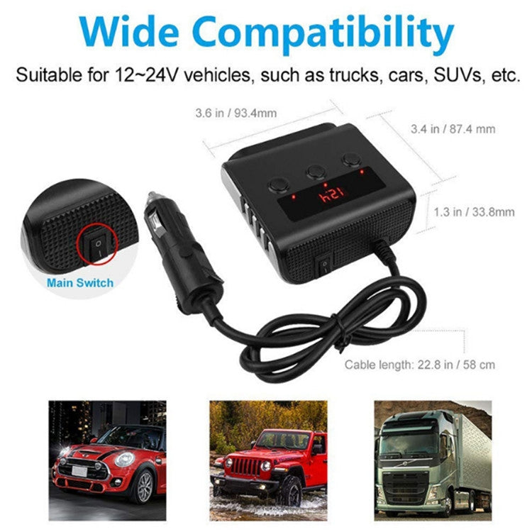 TR12 100W รถบุหรี่ไฟแช็กหนึ่งลากสามพร้อมสวิตช์จอแสดงผลแรงดันไฟฟ้า 4USB รถบุหรี่ไฟแช็ก, TR12 (Black), TR12