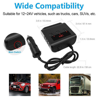 TR12 100W รถบุหรี่ไฟแช็กหนึ่งลากสามพร้อมสวิตช์จอแสดงผลแรงดันไฟฟ้า 4USB รถบุหรี่ไฟแช็ก, TR12 (Black), TR12