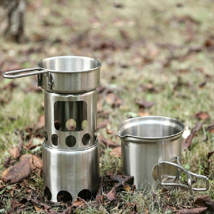 เตาสแตนเลสกลางแจ้งกันลมแบบพกพาชุดเตาย่างแคมป์ปิ้ง, Wood Stove, Stove Set+Wood Stove