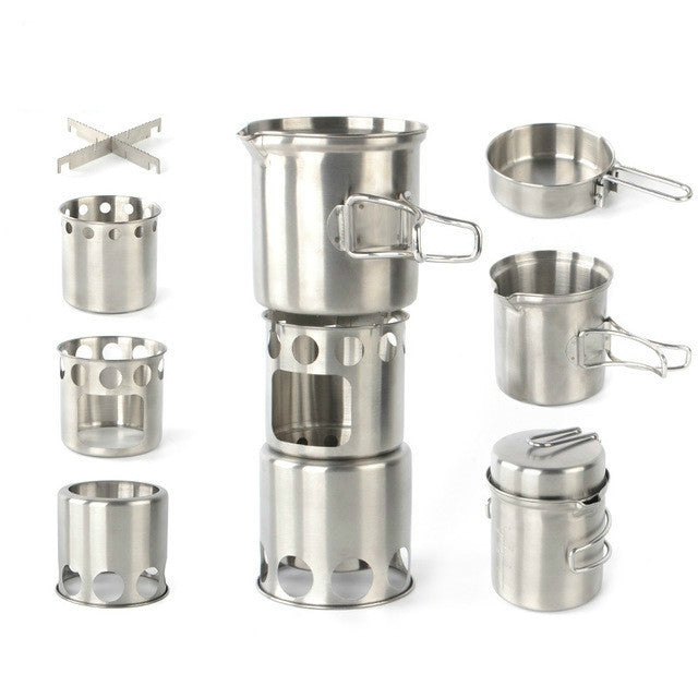 เตาสแตนเลสกลางแจ้งกันลมแบบพกพาชุดเตาย่างแคมป์ปิ้ง, Wood Stove, Stove Set+Wood Stove