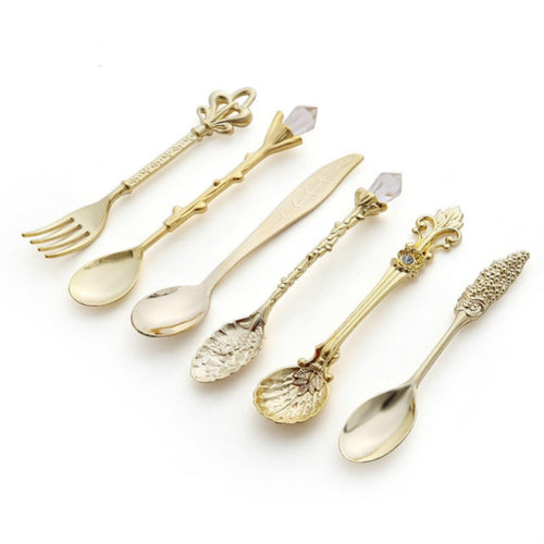 2 ชุด Vintage Mini ช้อนกาแฟชุด Royal สไตล์โลหะแกะสลักกาแฟผลไม้ Cutler ขนมหวาน Flatware ครัวเครื่องมือ, Gold, Red Bronze, Antique Bronze（With Red Fork）, Antique Bronze（With Antique Fork）, Silver