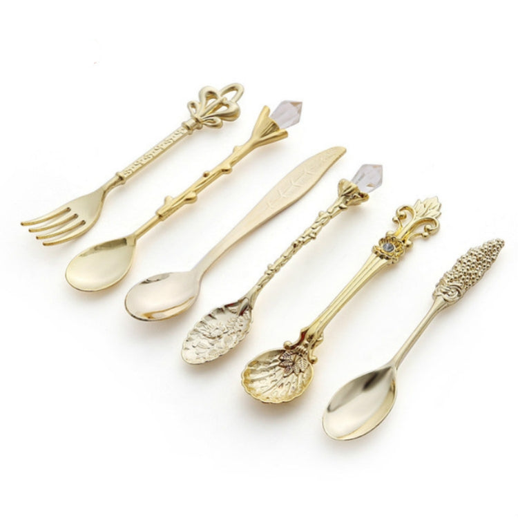 2 ชุด Vintage Mini ช้อนกาแฟชุด Royal สไตล์โลหะแกะสลักกาแฟผลไม้ Cutler ขนมหวาน Flatware ครัวเครื่องมือ, Gold, Red Bronze, Antique Bronze（With Red Fork）, Antique Bronze（With Antique Fork）, Silver