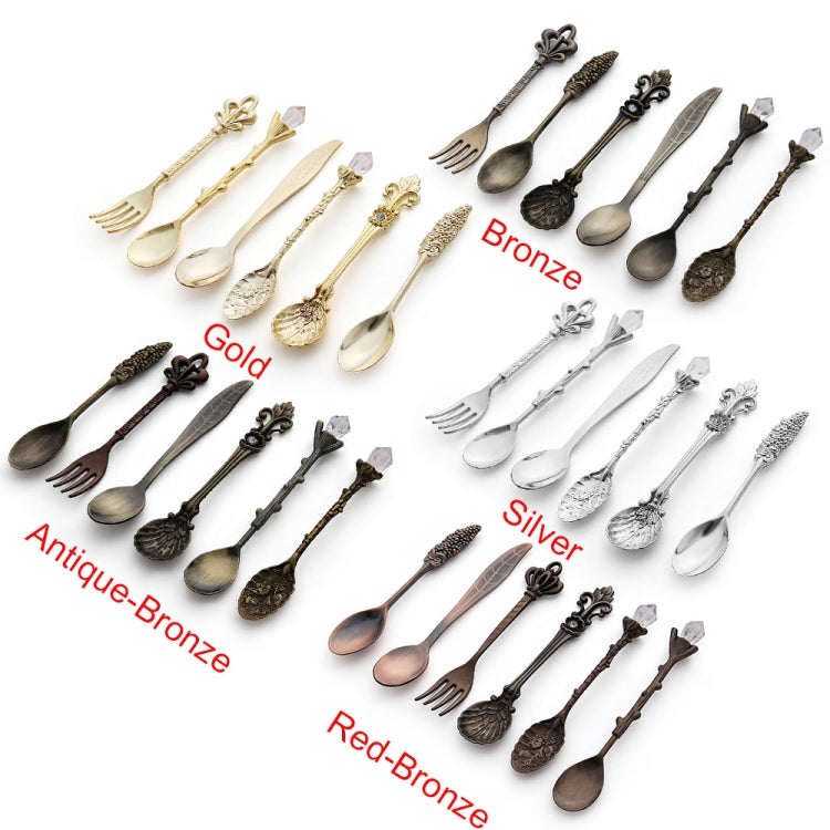 2 ชุด Vintage Mini ช้อนกาแฟชุด Royal สไตล์โลหะแกะสลักกาแฟผลไม้ Cutler ขนมหวาน Flatware ครัวเครื่องมือ, Gold, Red Bronze, Antique Bronze（With Red Fork）, Antique Bronze（With Antique Fork）, Silver