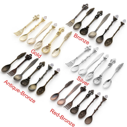 2 ชุด Vintage Mini ช้อนกาแฟชุด Royal สไตล์โลหะแกะสลักกาแฟผลไม้ Cutler ขนมหวาน Flatware ครัวเครื่องมือ, Gold, Red Bronze, Antique Bronze（With Red Fork）, Antique Bronze（With Antique Fork）, Silver