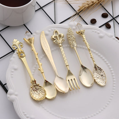 2 ชุด Vintage Mini ช้อนกาแฟชุด Royal สไตล์โลหะแกะสลักกาแฟผลไม้ Cutler ขนมหวาน Flatware ครัวเครื่องมือ, Gold, Red Bronze, Antique Bronze（With Red Fork）, Antique Bronze（With Antique Fork）, Silver