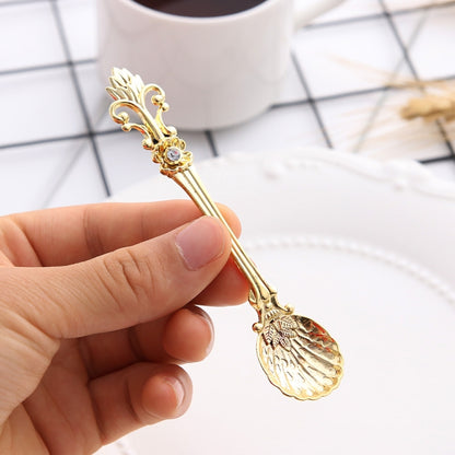 2 ชุด Vintage Mini ช้อนกาแฟชุด Royal สไตล์โลหะแกะสลักกาแฟผลไม้ Cutler ขนมหวาน Flatware ครัวเครื่องมือ, Gold, Red Bronze, Antique Bronze（With Red Fork）, Antique Bronze（With Antique Fork）, Silver