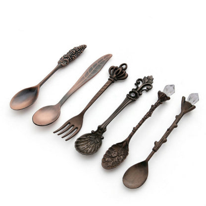 2 ชุด Vintage Mini ช้อนกาแฟชุด Royal สไตล์โลหะแกะสลักกาแฟผลไม้ Cutler ขนมหวาน Flatware ครัวเครื่องมือ, Gold, Red Bronze, Antique Bronze（With Red Fork）, Antique Bronze（With Antique Fork）, Silver