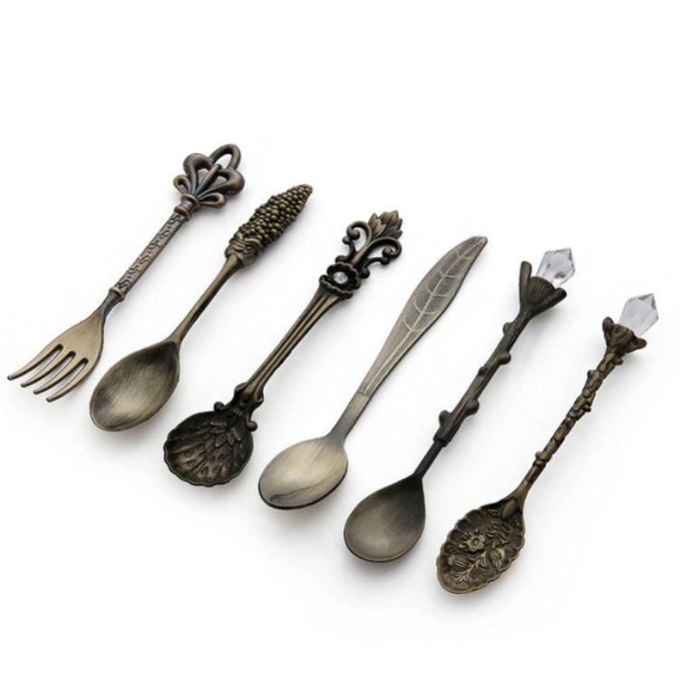 2 ชุด Vintage Mini ช้อนกาแฟชุด Royal สไตล์โลหะแกะสลักกาแฟผลไม้ Cutler ขนมหวาน Flatware ครัวเครื่องมือ, Gold, Red Bronze, Antique Bronze（With Red Fork）, Antique Bronze（With Antique Fork）, Silver