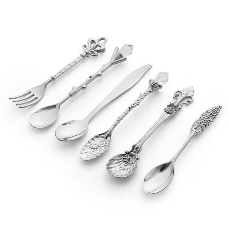 2 ชุด Vintage Mini ช้อนกาแฟชุด Royal สไตล์โลหะแกะสลักกาแฟผลไม้ Cutler ขนมหวาน Flatware ครัวเครื่องมือ, Gold, Red Bronze, Antique Bronze（With Red Fork）, Antique Bronze（With Antique Fork）, Silver