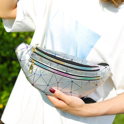 รูปแบบเลเซอร์ PU หนังเอวกระเป๋าผู้หญิง Fanny Pack กระเป๋าสะพายไหล่เดี่ยว, Double Zipper Rhombus (Black ), Double Zipper Rhombus (Pink), Double Zipper Rhombus (Sliver)