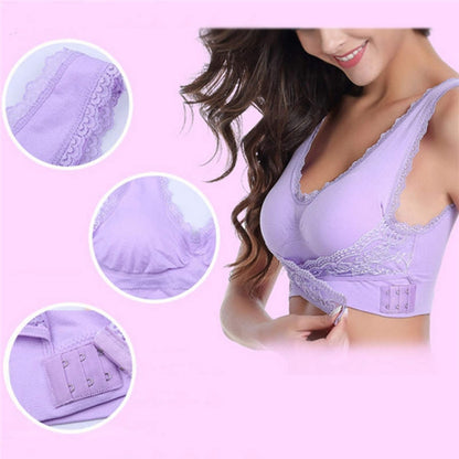 ด้านหน้าข้ามด้านข้างหัวเข็มขัดไร้สายลูกไม้ Bra กีฬาระบายอากาศสำหรับผู้หญิง, L