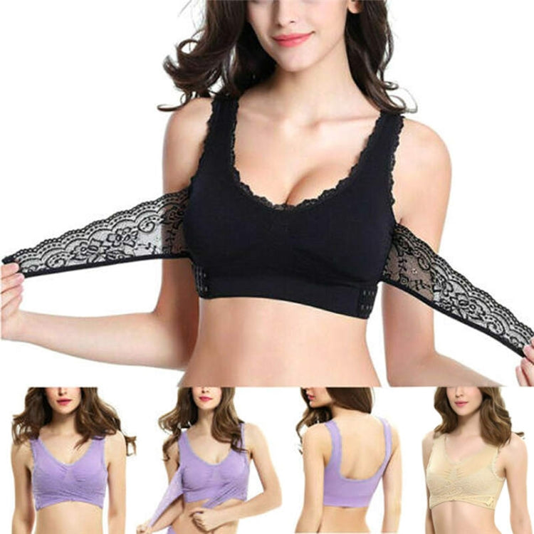 ด้านหน้าข้ามด้านข้างหัวเข็มขัดไร้สายลูกไม้ Bra กีฬาระบายอากาศสำหรับผู้หญิง, L