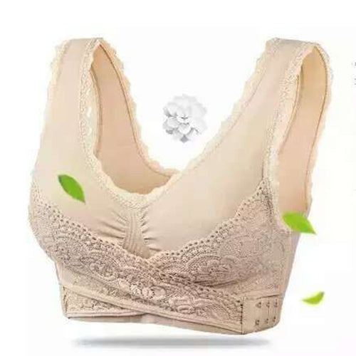 ด้านหน้าข้ามด้านข้างหัวเข็มขัดไร้สายลูกไม้ Bra กีฬาระบายอากาศสำหรับผู้หญิง, L