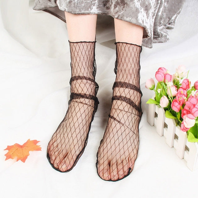 3 คู่ถุงเท้าลูกไม้ Fishnet ปักปลาผู้หญิงสุทธิถุงเท้าข้อเท้าถุงเท้าสั้น Ruffle เซ็กซี่