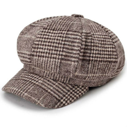 ฤดูใบไม้ร่วงและฤดูหนาวสไตล์ย้อนยุคทำด้วยผ้าขนสัตว์ลายสก๊อต Beret หมวกแปดเหลี่ยม, 58cm