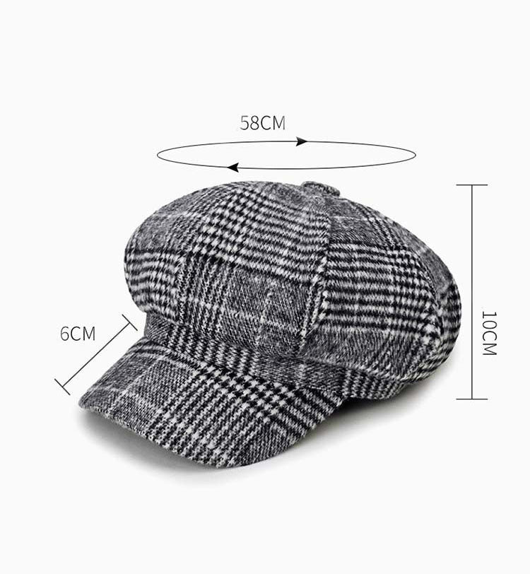 ฤดูใบไม้ร่วงและฤดูหนาวสไตล์ย้อนยุคทำด้วยผ้าขนสัตว์ลายสก๊อต Beret หมวกแปดเหลี่ยม, 58cm
