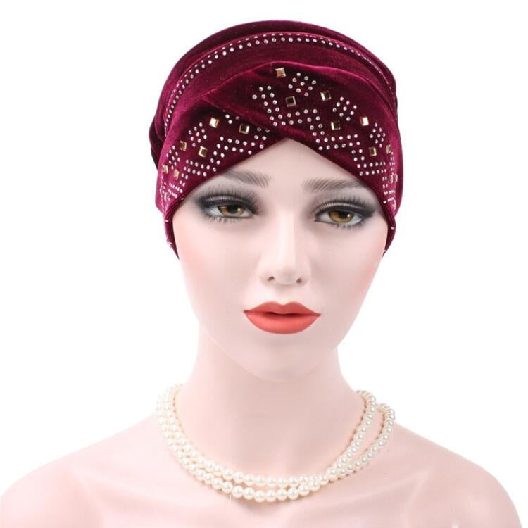 Pleuche Rhinestone ผ้าโพกหัวหมวกซ้อนหมวก, Adjustable