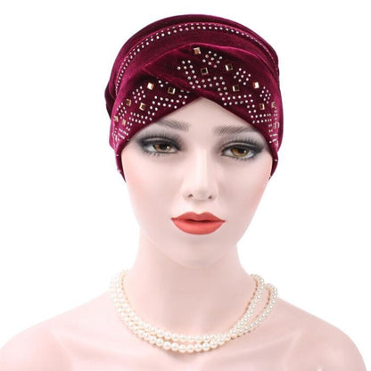 Pleuche Rhinestone ผ้าโพกหัวหมวกซ้อนหมวก, Adjustable