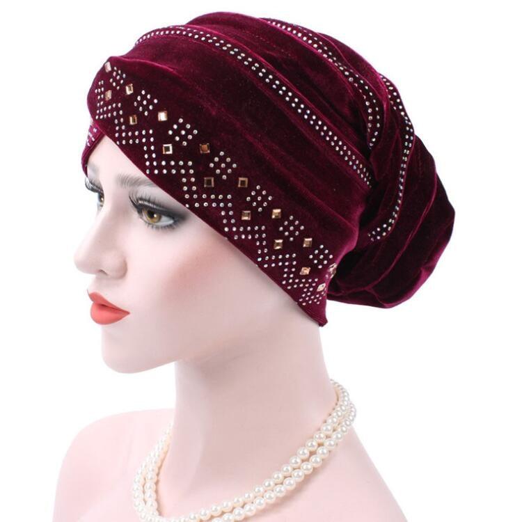 Pleuche Rhinestone ผ้าโพกหัวหมวกซ้อนหมวก, Adjustable