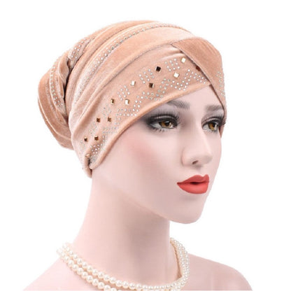 Pleuche Rhinestone ผ้าโพกหัวหมวกซ้อนหมวก, Adjustable