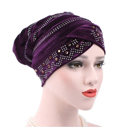Pleuche Rhinestone ผ้าโพกหัวหมวกซ้อนหมวก, Adjustable