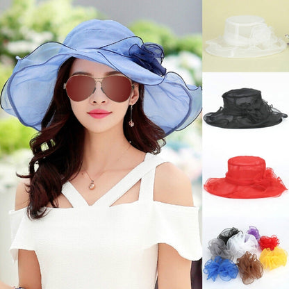 ผู้หญิงฤดูใบไม้ผลิและฤดูร้อนหมวก Organza ปีกกว้างหมวกชายหาดพับหมวกกันแดด