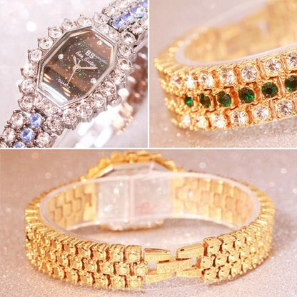 BS beesister FA1581 นาฬิกาควอทซ์ผู้หญิงหน้าปัดแปดเหลี่ยมเพชรชุบ Rhinestone สร้อยข้อมือ